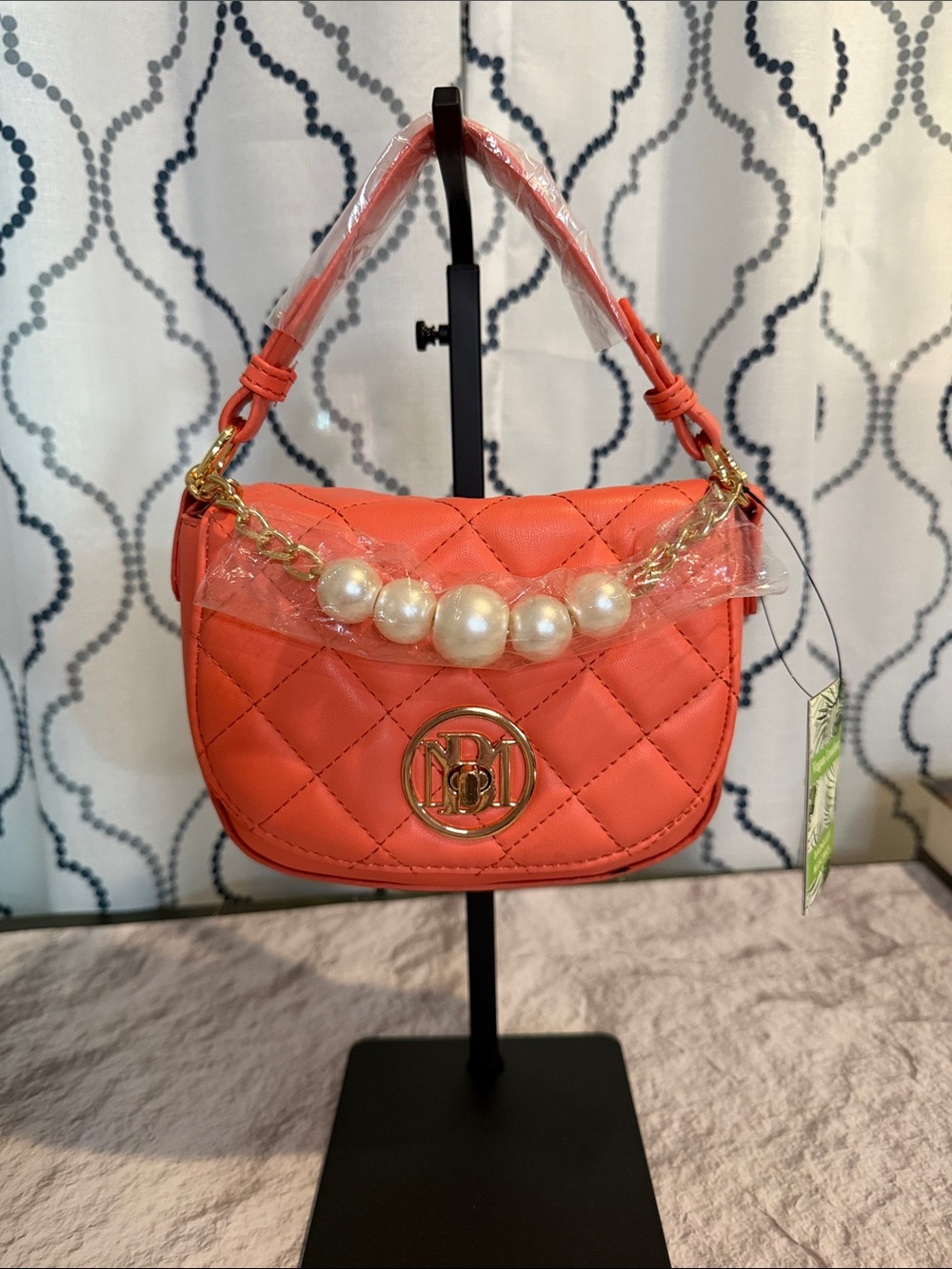 Badgley Mischka Coral Quilted Pearl-Accent Mini Shoulder Bag